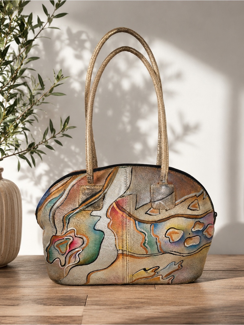 Vintage Hand Painted Leather Abstract Art Shoulder Bag Multicolor Purse Satchel